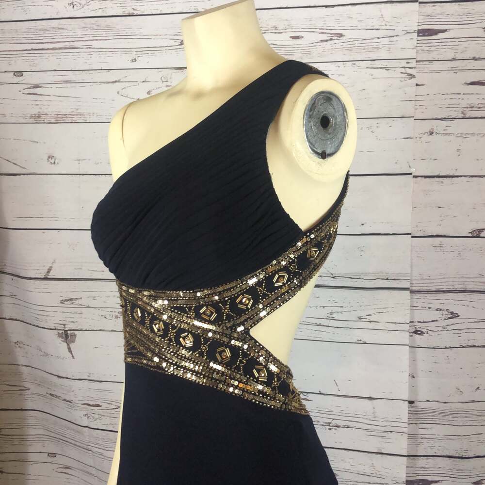 Betsy & Adam One Shoulder Navy Gold Gown NWT Size 4 - Picture 7 of 12